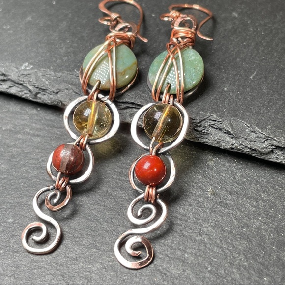Handcrafted Hammered Copper With Agate and Citrine Gemtone Earrings - Picture 8 of 13